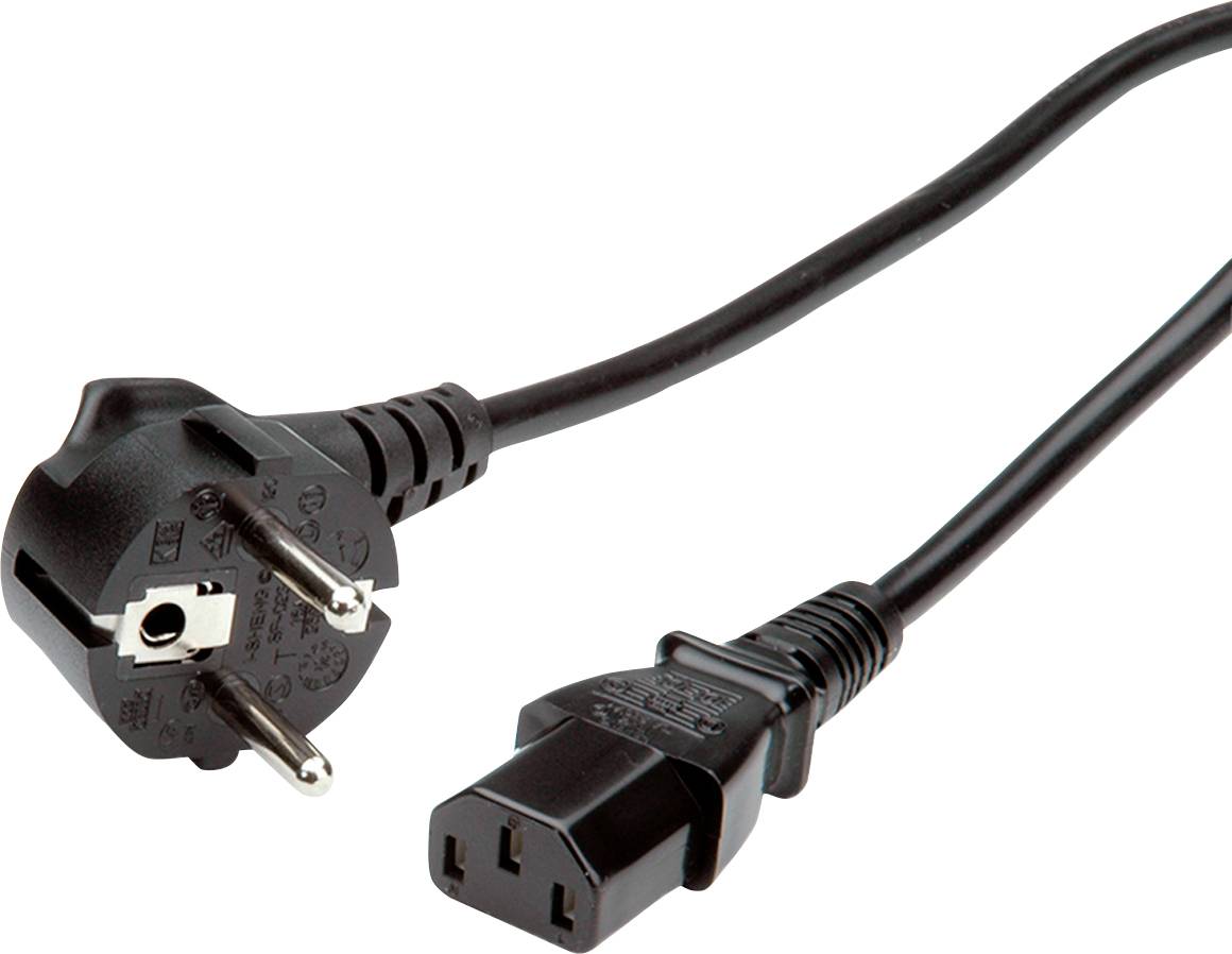 'Schwarz' Stromkabel mit europäischem Stecker und IEC C13-Stecker, üblicherweise für Computer und elektronische Geräte verwendet.