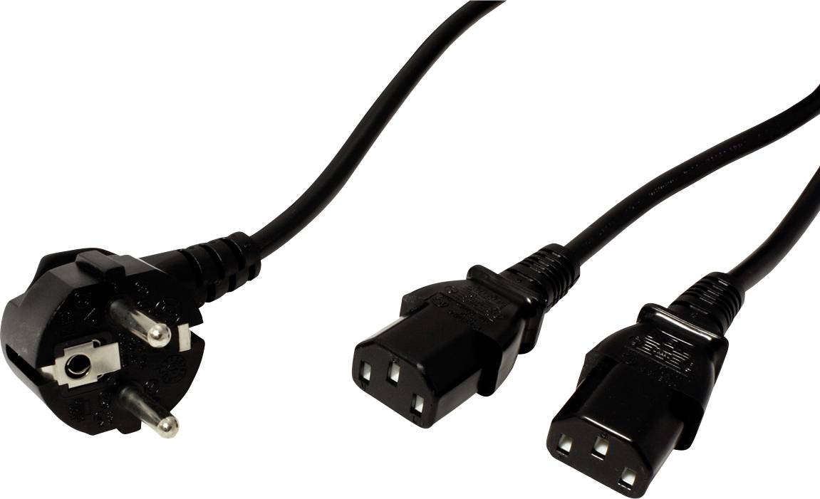 Ein europäischer Steckdosenstecker ist mit zwei IEC C13 Kaltgerätesteckern verbunden, die für Computer- oder Servergeräte geeignet sind.