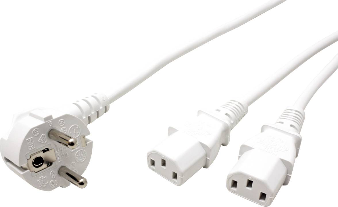 Weißes Netzkabel mit Schuko-Stecker und zwei Kaltgerätebuchsen. Geeignet zur Stromversorgung von Computerhardware oder Ähnlichem.