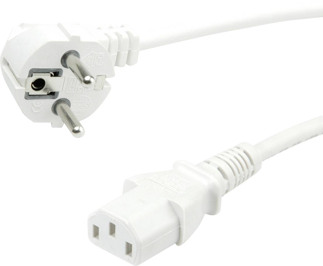Weiße Stromkabel mit Schuko-Stecker und C13-Buchse auf weißem Hintergrund. Ideal für elektronische Geräte und Haushaltsanwendungen.