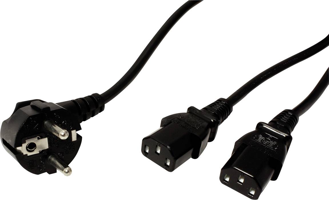 Ein schwarzes Netzkabel mit einem europäischen Schuko-Stecker endet in zwei C13-Buchsen.