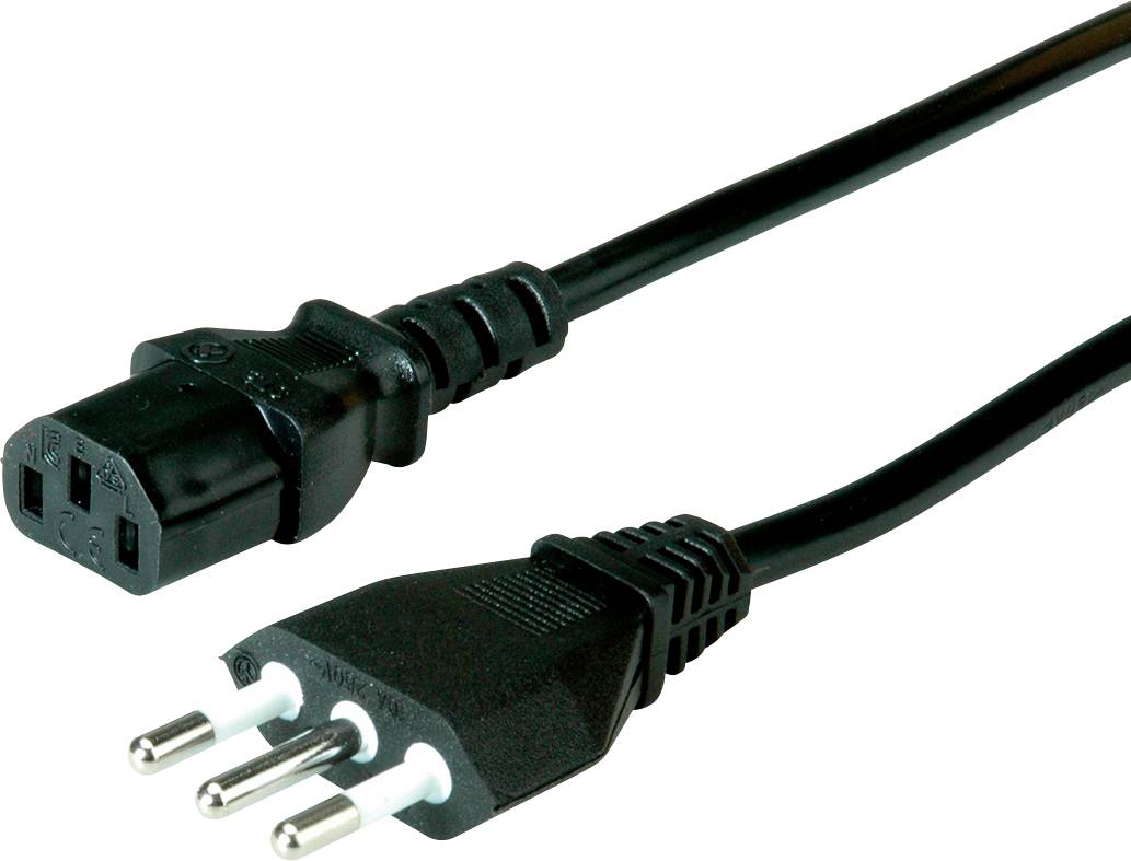 Ein schwarzes Netzkabel mit einem dreipoligen Stecker und einer dreilochigen Buchse, verwendet zur Stromversorgung von Geräten.