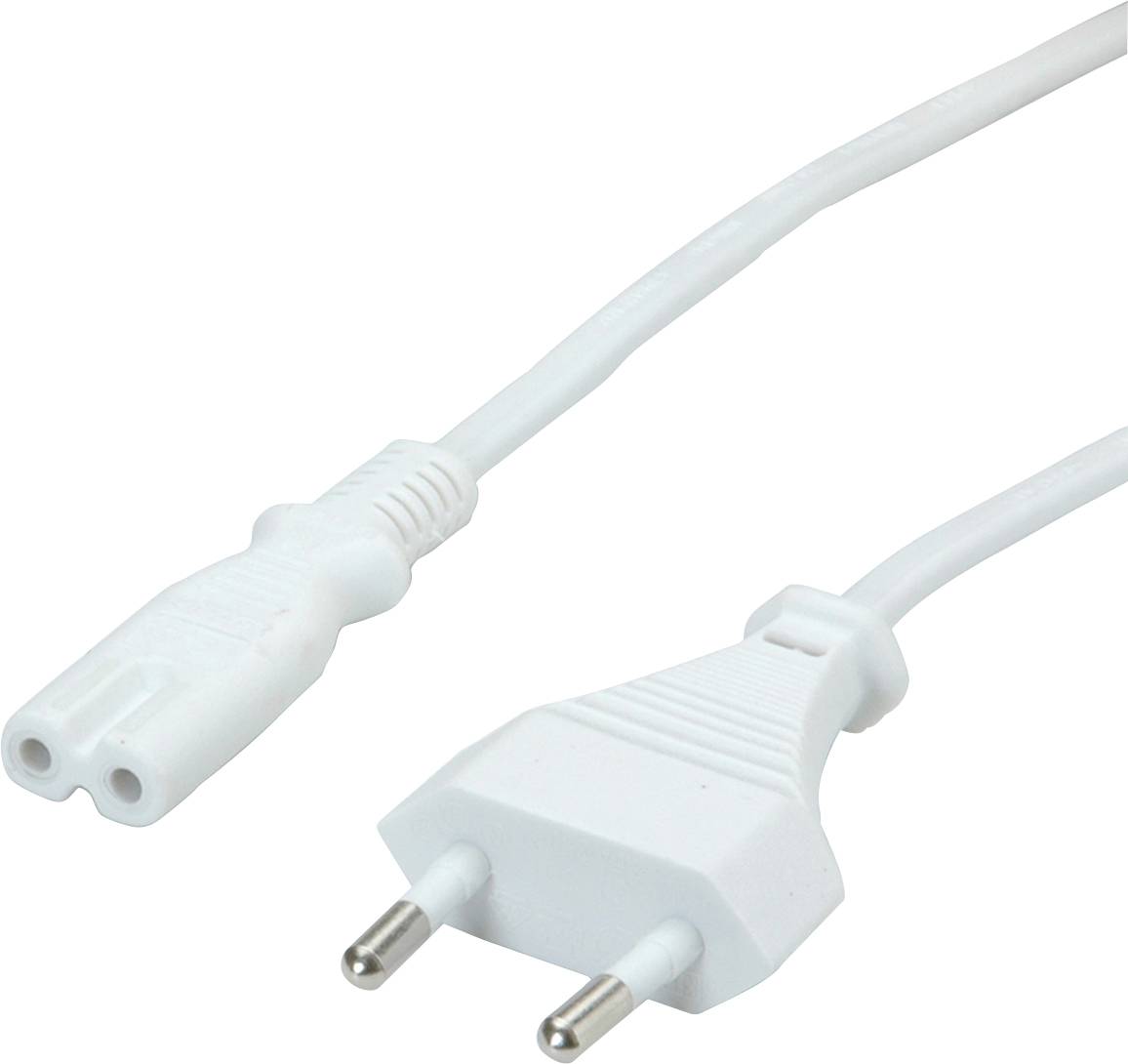 Ein weißes Netzkabel mit europäischem Stecker zeigt den Stecker und Buchse miteinander verbunden.