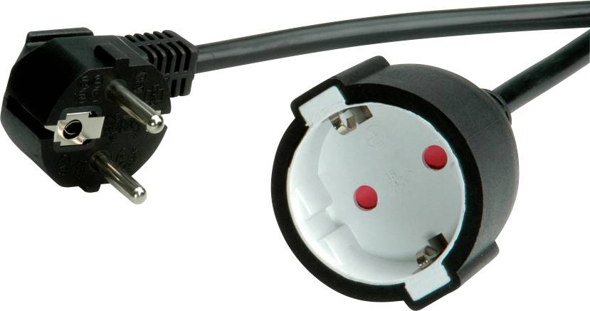 Nahaufnahme eines europäischen Schuko-Steckers und einer Kupplung mit schwarzem Kabel.