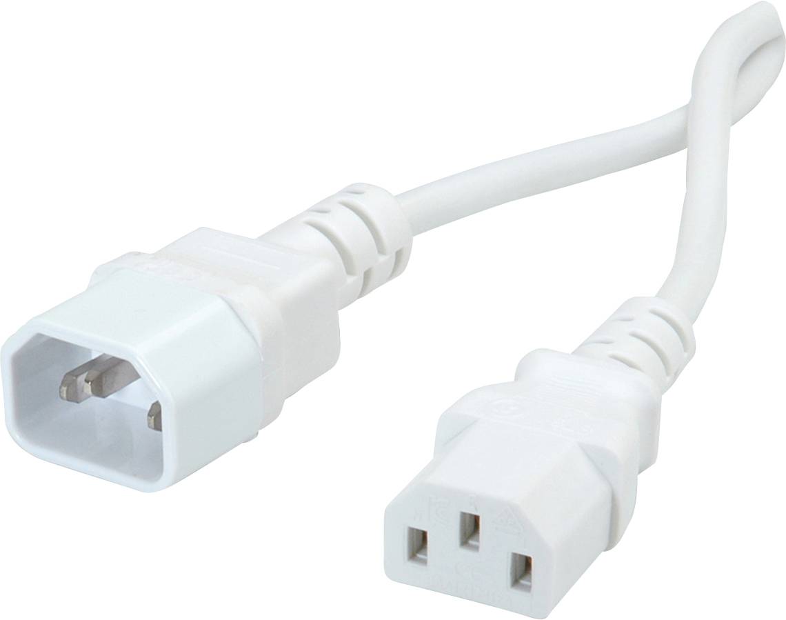 Weißes Netzkabel mit zwei Steckern, einer männlich und einer weiblich, deutlich sichtbar auf weißem Hintergrund.