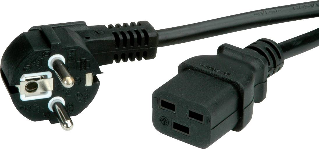 Ein schwarzes Netzkabel mit einem Schuko-Stecker auf der linken Seite und einem Kaltgerätestecker auf der rechten Seite.