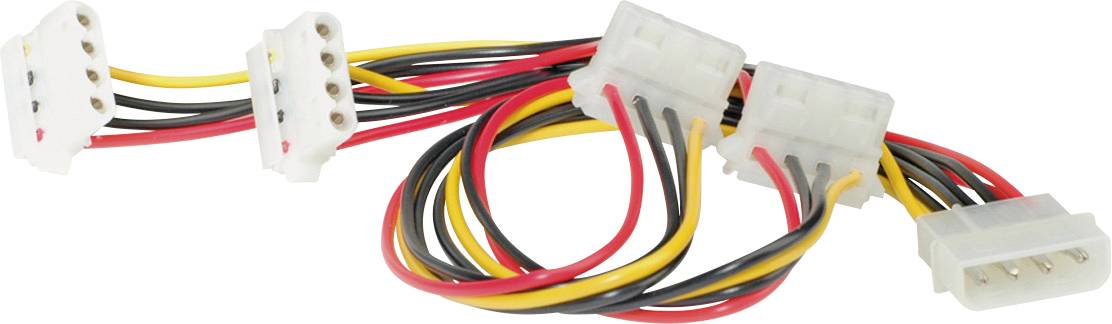Ein Kabel mit mehreren weißen Steckern und Drähten in Schwarz, Rot und Gelb. Wird typischerweise zur Stromversorgung in Computern verwendet.
