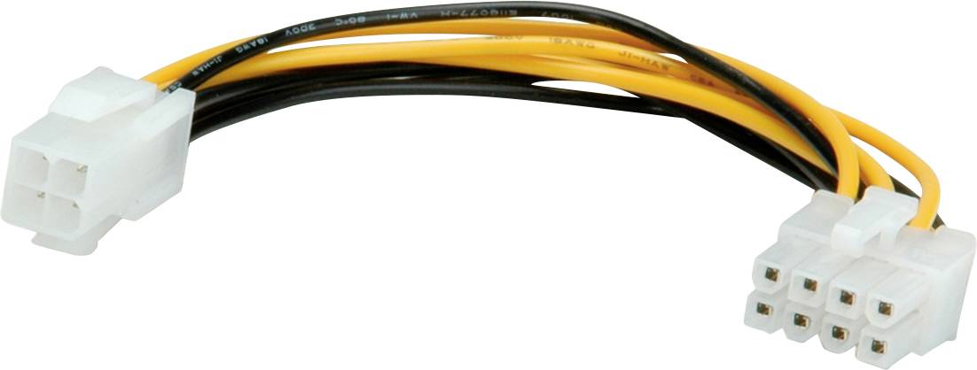 Ein PC-Stromadapterkabel mit einem 4-poligen Molex-Stecker auf der linken Seite und einem 8-poligen EPS-Stecker auf der rechten Seite.