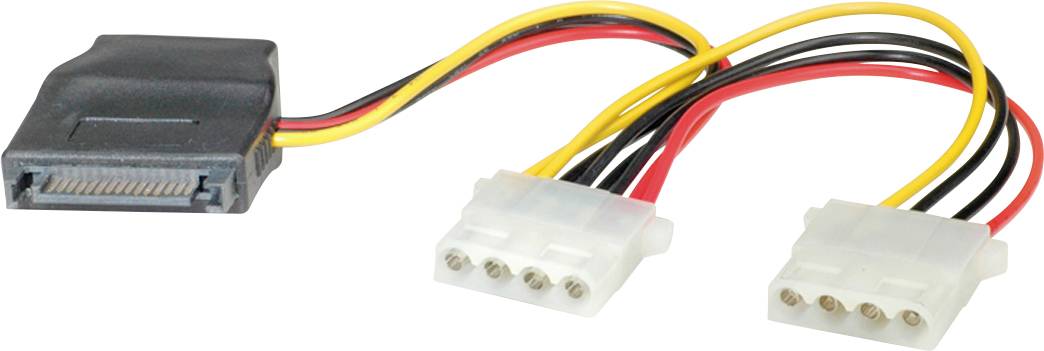 SATA-zu-Molex-Adapterkabel mit zwei weißen Steckern und einem schwarzen Anschluss. Dient zur Stromversorgung von Festplatten.