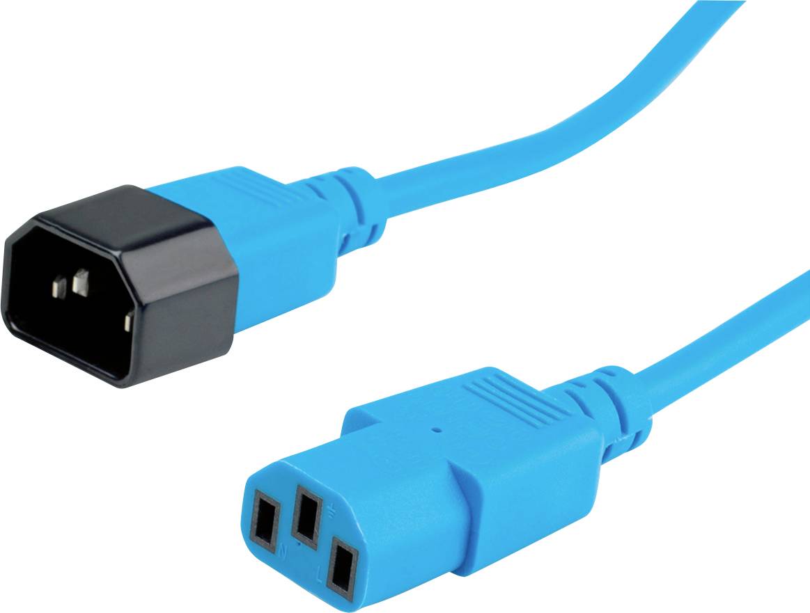 Ein blaues Netzkabel mit einem weiblichen und einem männlichen Anschluss; verwendet zur Energieversorgung von Geräten.