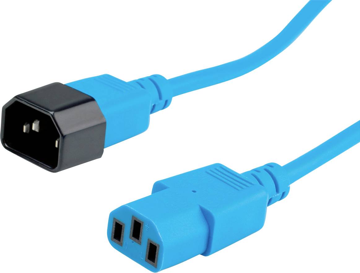 Ein blaues Netzkabel mit C13- und C14-Steckverbindungen, das für den Anschluss von elektrischen Geräten an eine Stromquelle verwendet wird.
