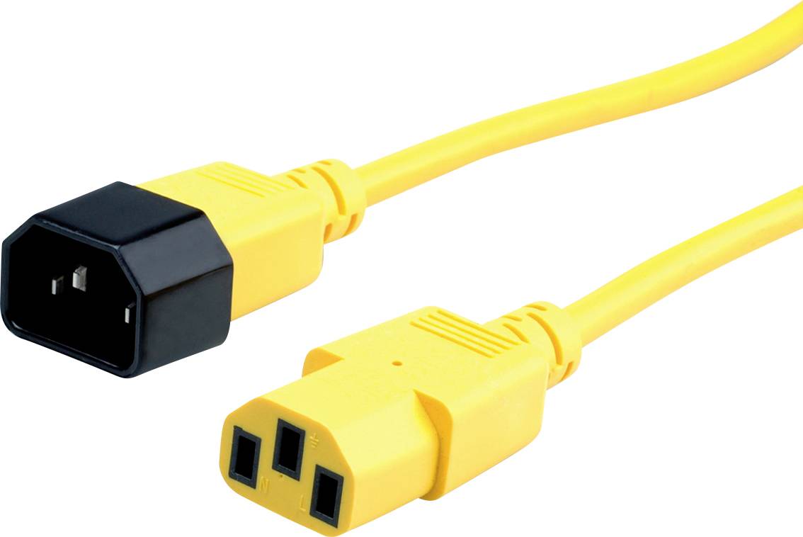 Gelbes Stromkabel mit schwarzem und gelbem Steckverbinder, C13 und C14, für Server oder Computer-Netzwerkgeräte.