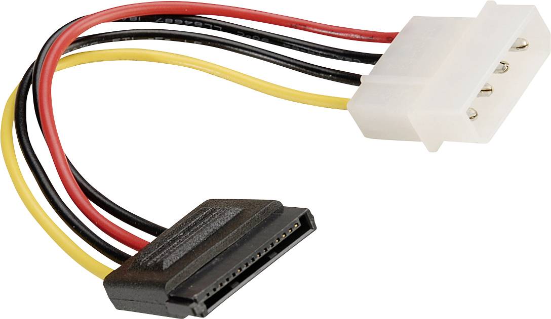 Ein Adapterkabel mit einem weißen 4-Pin-Molex-Stecker und einem schwarzen SATA-Stromanschluss, verwendet zum Verbinden von Festplatten.