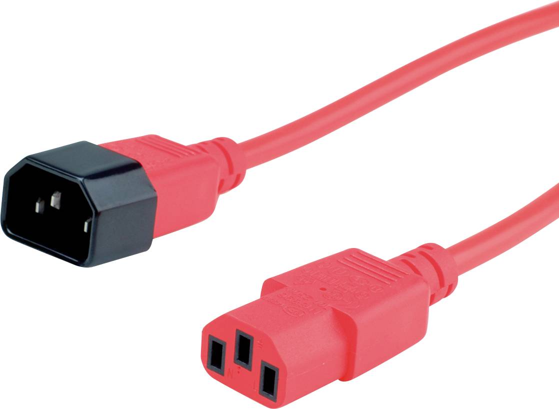 Rotes Netzkabel mit schwarzem Steckanschluss und rotem Geräteanschluss, möglicherweise zur Verbindung von elektronischen Geräten.