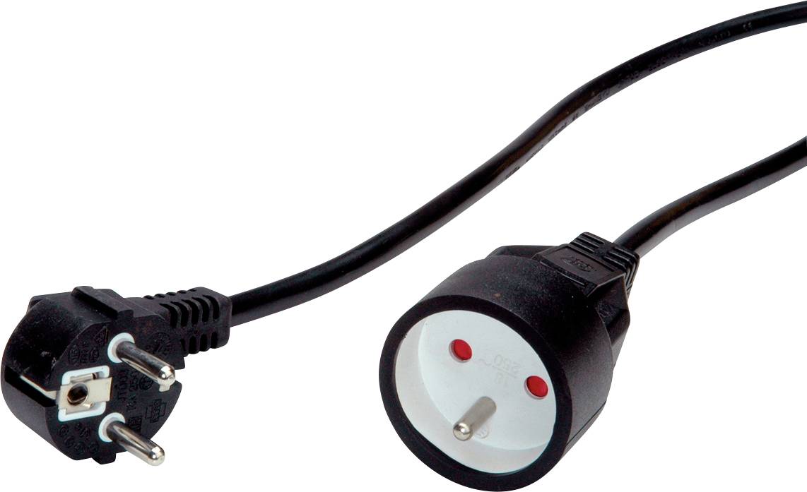 Stromadapterkabel mit Steckdose und Stecker, geeignet für Geräte mit unterschiedlichem Steckerformat in Europa.