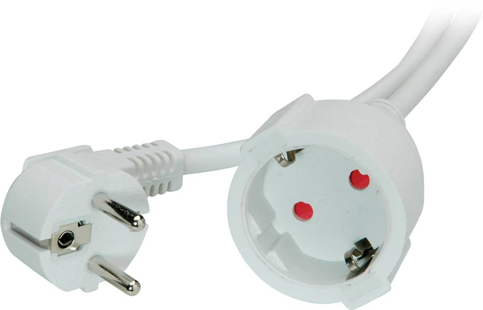 Ein weißes Verlängerungskabel zeigt einen Stecker und eine Steckdose mit Schuko-Anschluss, geeignet für den europäischen Gebrauch.