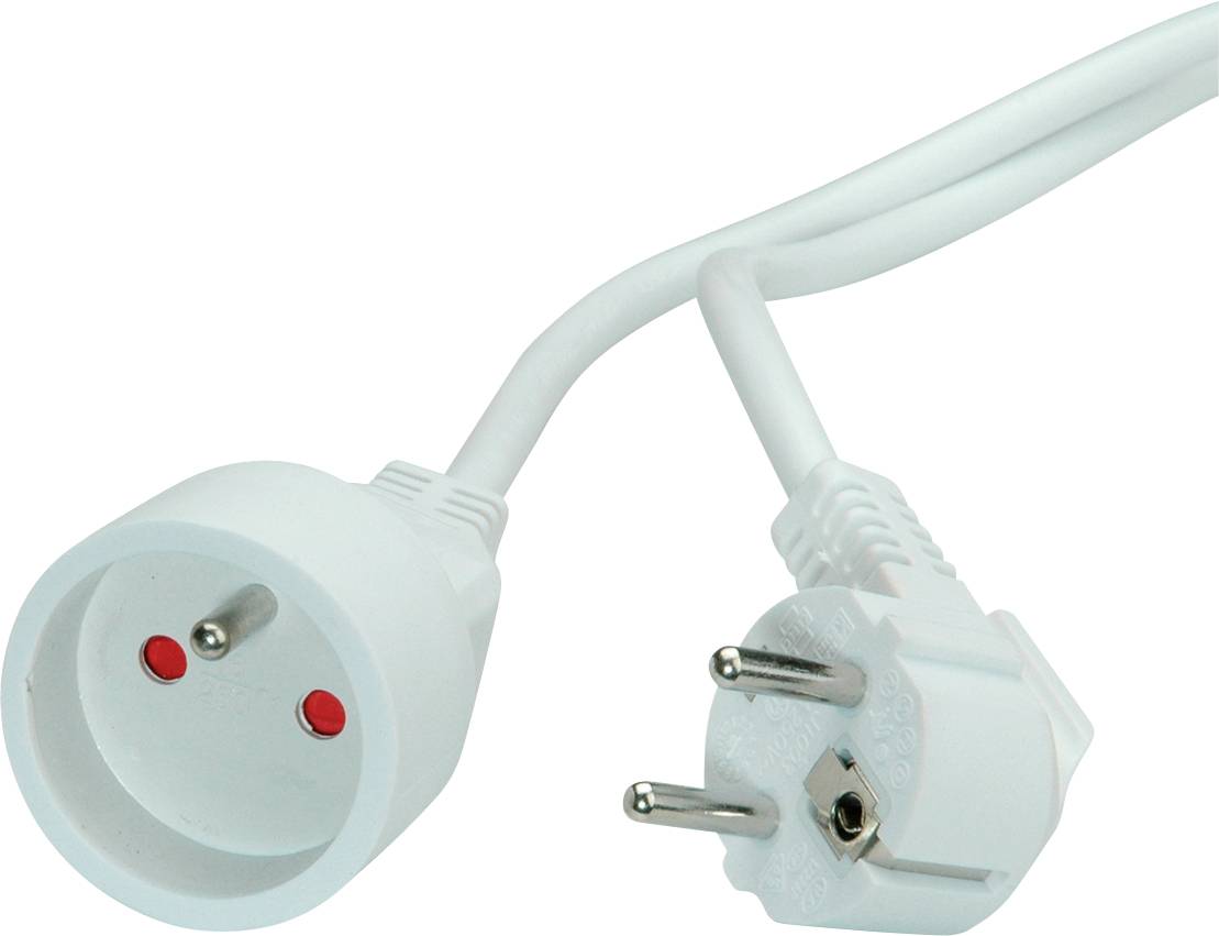 Ein weißes Verlängerungskabel mit einem runden Euro-Stecker und einer Steckdose mit zwei Löchern und roten Markierungen innen.