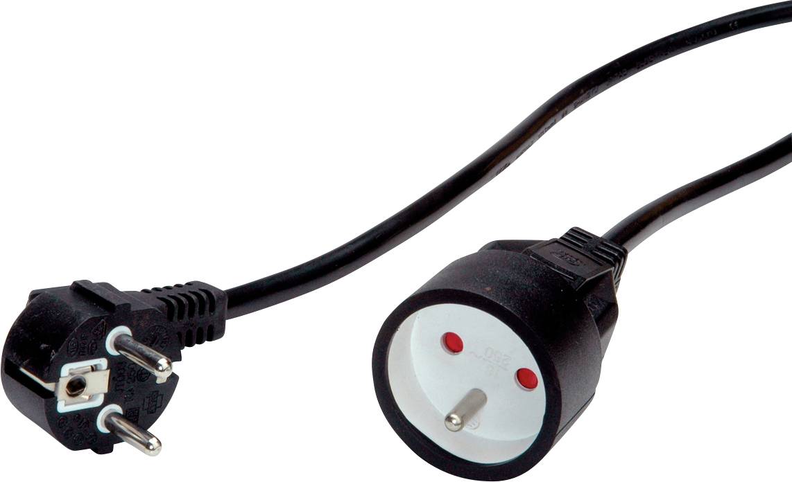 Schwarzes Netzkabel mit zwei Eurosteckern, einer männlich und einer weiblich verbunden, auf weißem Hintergrund.