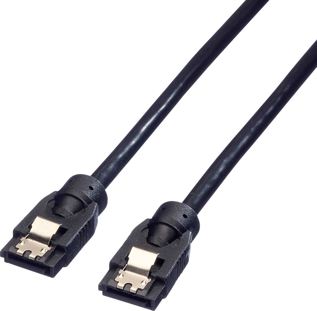 Schwarzes SATA-Kabel mit zwei Steckverbindern, die für den Anschluss interner Festplatten an Computer genutzt werden.