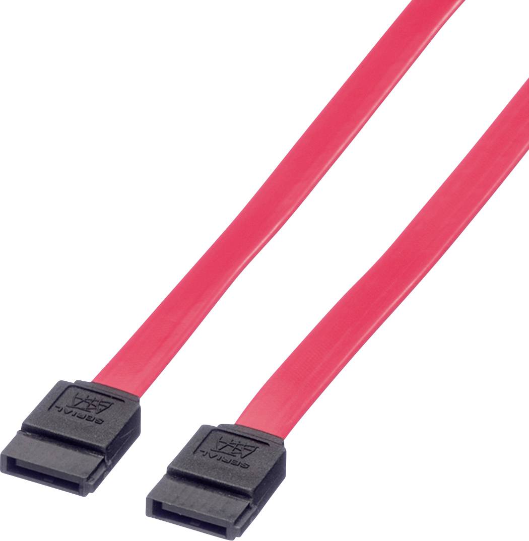 Ein rotes SATA-Datenkabel mit zwei schwarzen Steckern an den Enden. Es wird verwendet, um Speichergeräte mit Mainboards zu verbinden.