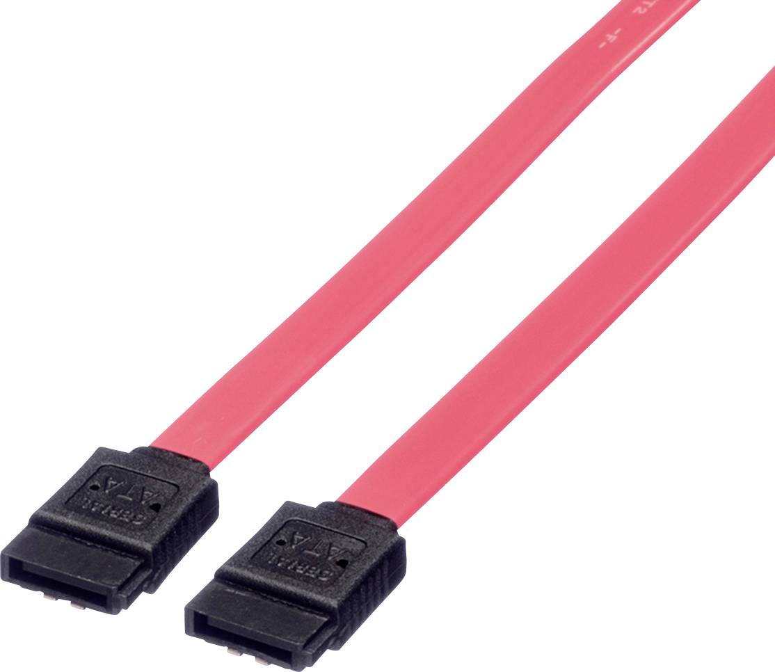 Zwei rote SATA-Kabel mit schwarzen Steckern nebeneinander liegend, für den Anschluss interner Computerlaufwerke an das Mainboard.