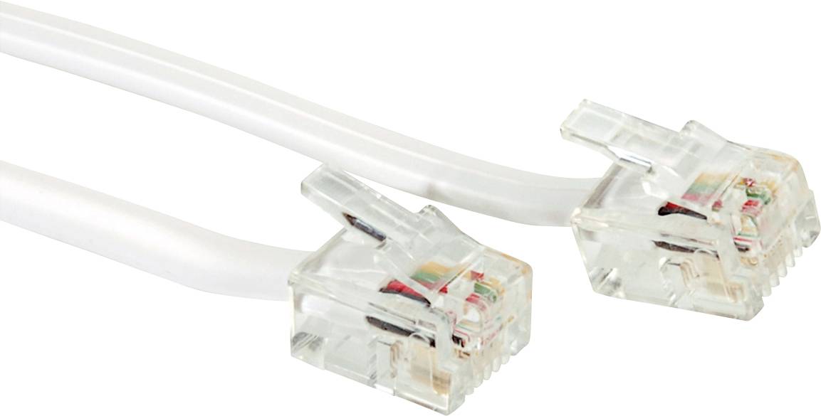 Zwei transparente RJ11-Stecker an weißen Kabeln, die zur Verbindung von Telefon- oder Internetnetzen verwendet werden.