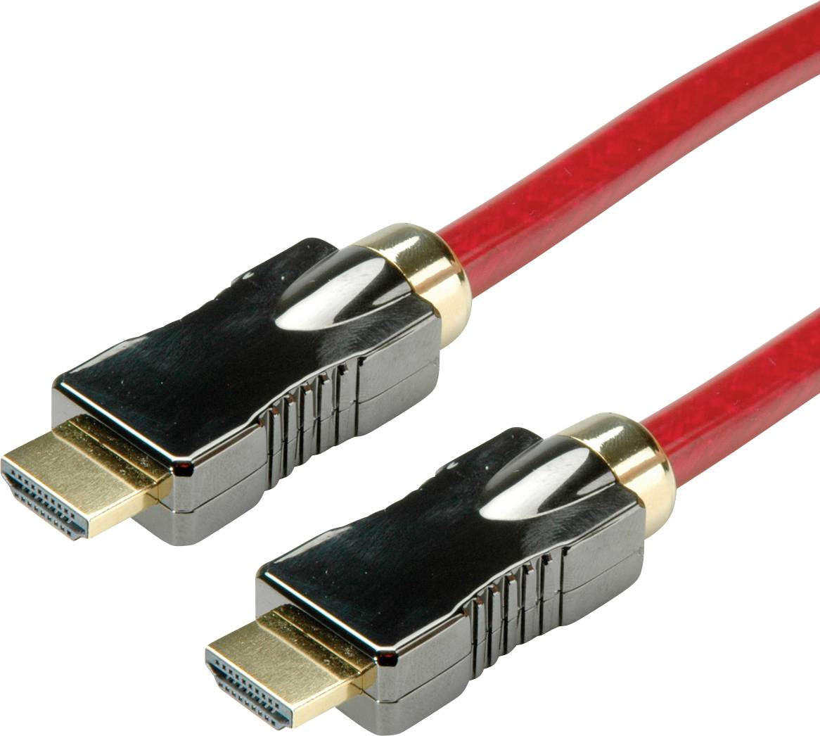 Zwei rote HDMI-Kabel mit goldenen Anschlüssen.