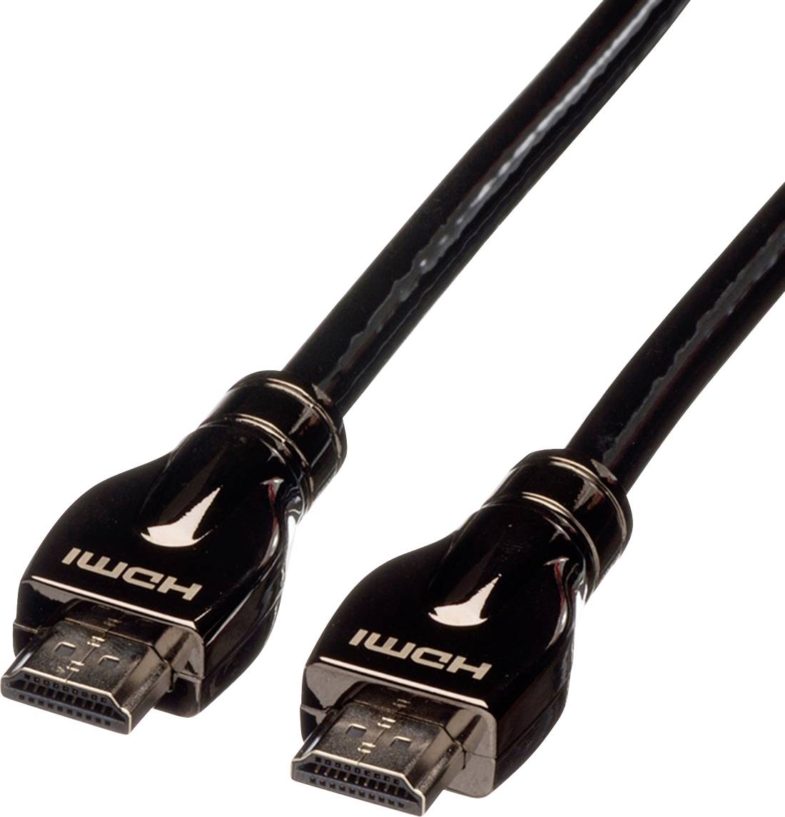 Zwei schwarze HDMI-Kabel mit Steckern aus glänzendem Material, die zur Übertragung von Audio- und Videosignalen verwendet werden.