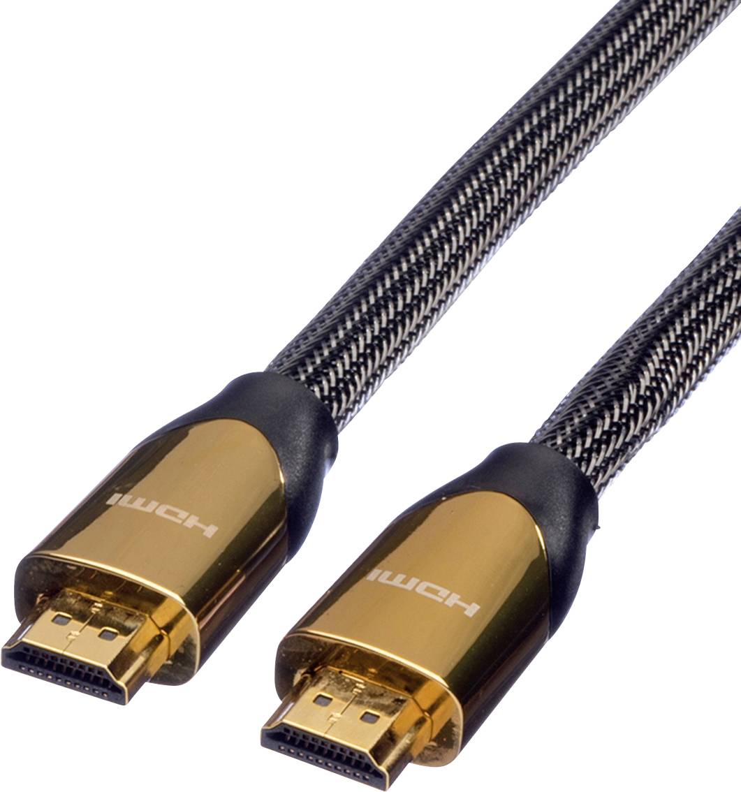 Zwei HDMI-Kabel mit goldfarbenen Steckern und schwarzem geflochtenem Kabelmantel. Geeignet für hochwertige Übertragung von Video- und Audiosignalen.