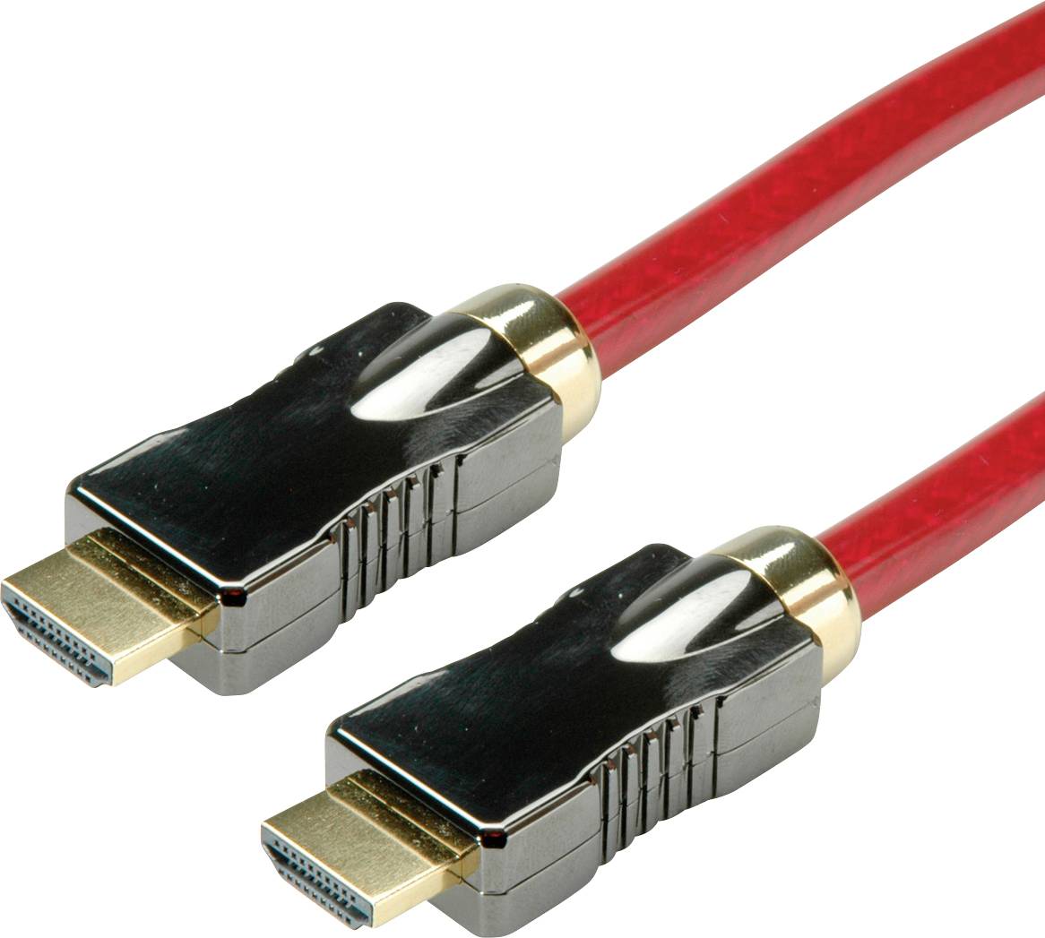 Zwei rote HDMI-Kabel mit vergoldeten Steckern. Geeignet für die Übertragung von hochauflösenden Audio- und Videodaten.