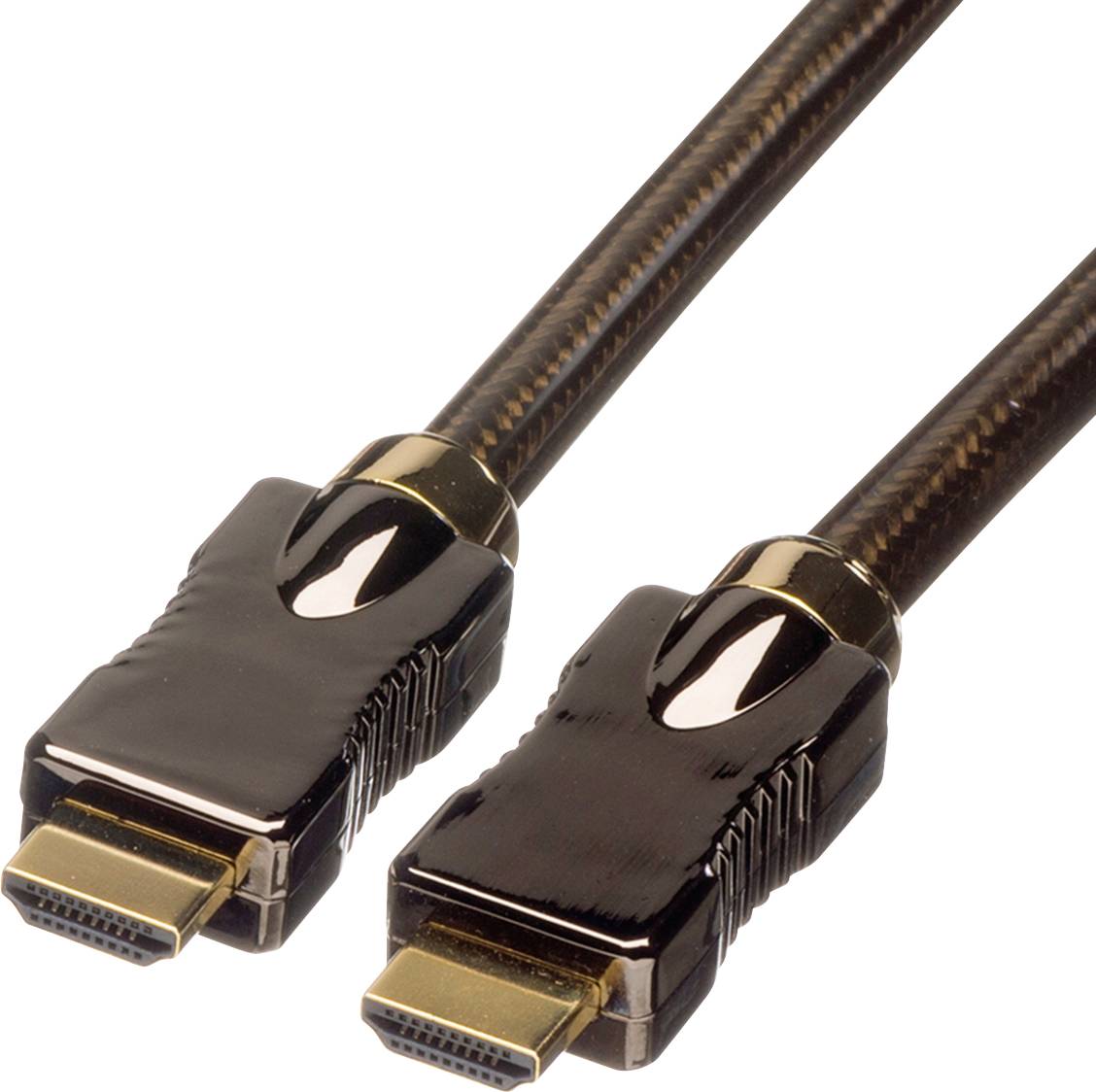 Zwei schwarze HDMI-Kabel mit goldenen Anschlüssen liegen nebeneinander auf weißem Hintergrund.