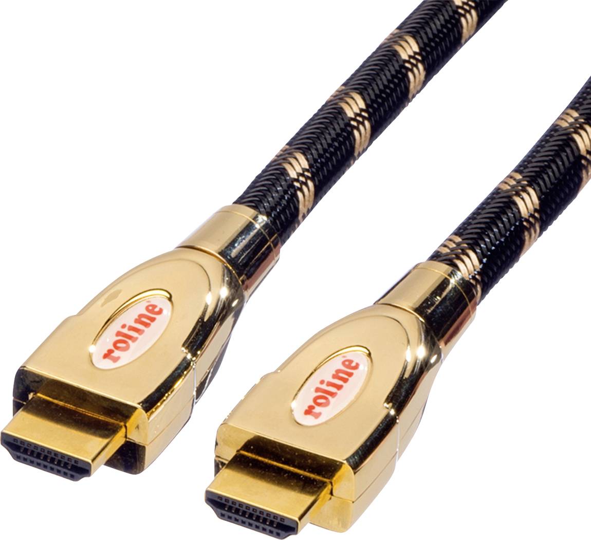 Zwei vergoldete HDMI-Kabel mit schwarzer Ummantelung und roline-Logo, geeignet für hochauflösende Übertragungen.