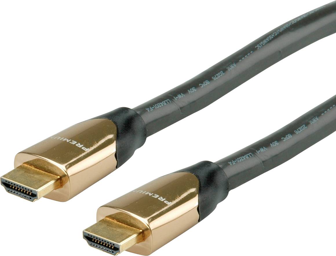 Zwei goldfarbene HDMI-Kabel mit schwarzer Ummantelung auf weißem Hintergrund, bereit zur Verbindung von elektronischen Geräten.