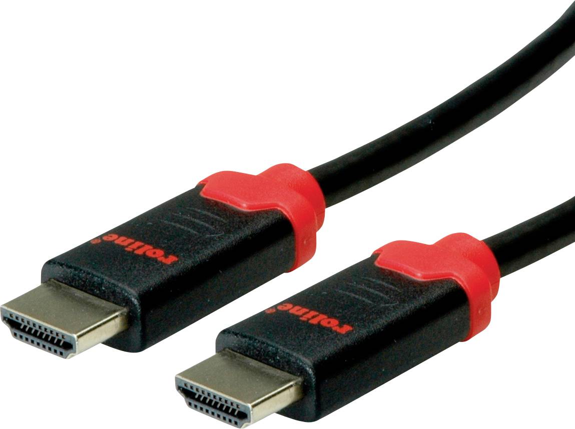 Zwei schwarze HDMI-Kabel mit roten Markierungen und 'Rolline'-Aufschrift an den Anschlüssen.