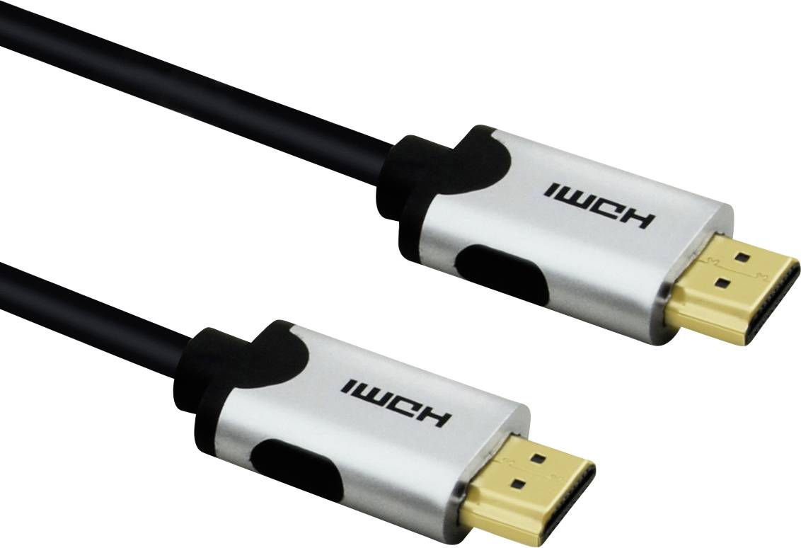 HDMI-Kabel mit zwei silbernen Anschlüssen und schwarzem Kabel; dient zur Übertragung von Audio- und Videosignalen.