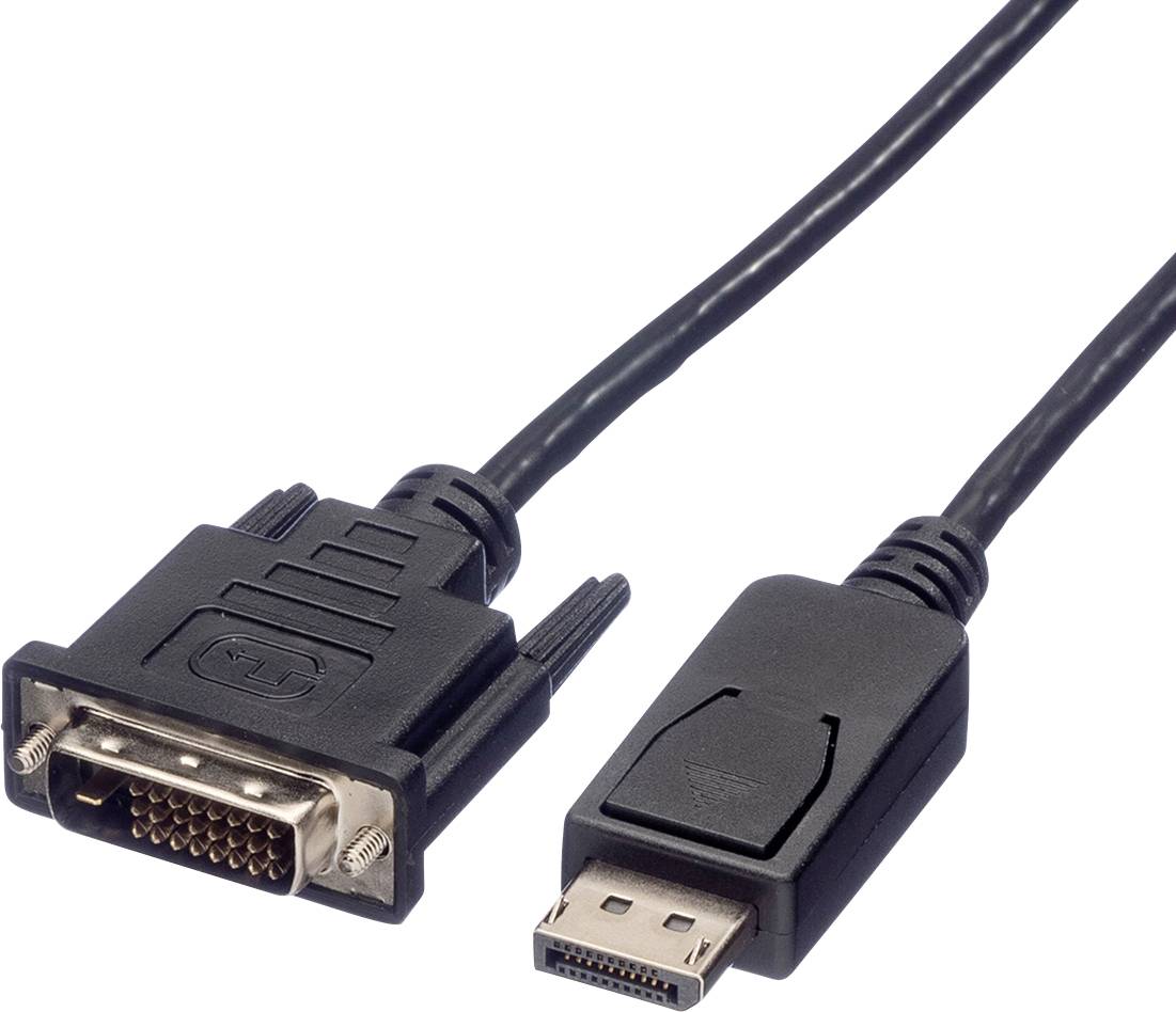 DVI-zu-DisplayPort-Kabel: Links DVI-Stecker mit Pins für Videoverbindung, rechts DisplayPort-Stecker mit Verriegelungsmechanismus.