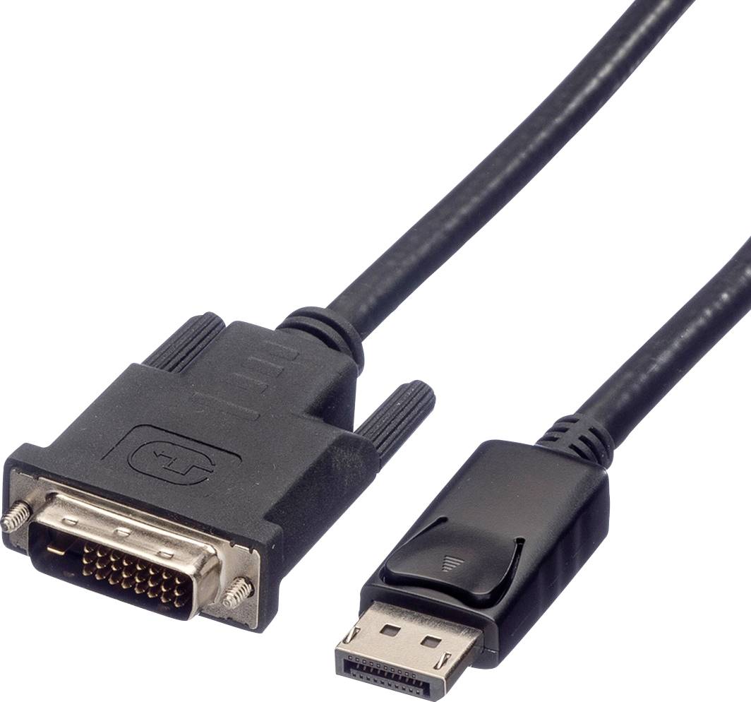 Ein Kabel mit einem DVI-Stecker auf der linken Seite und einem DisplayPort-Stecker auf der rechten Seite, auf weißem Hintergrund.