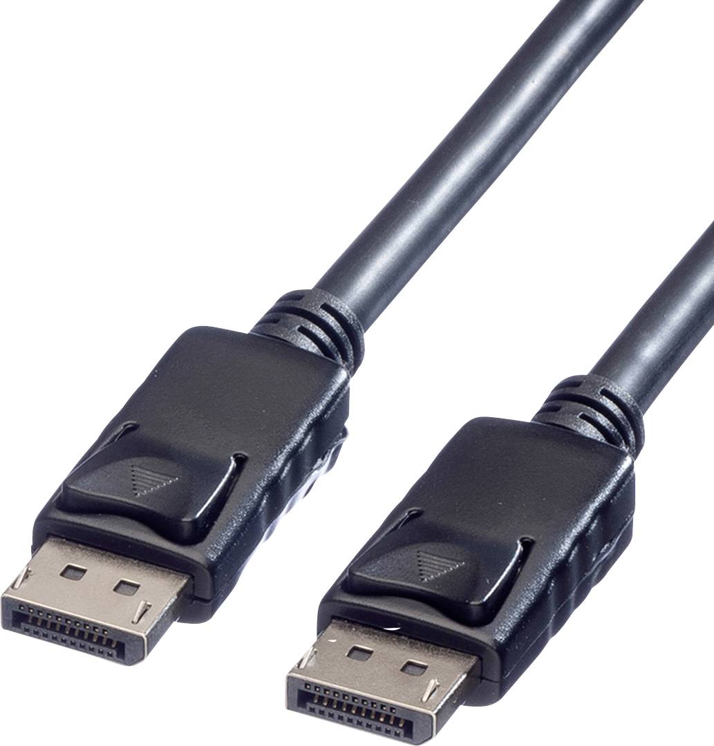 Zwei schwarze DisplayPort-Kabelenden.