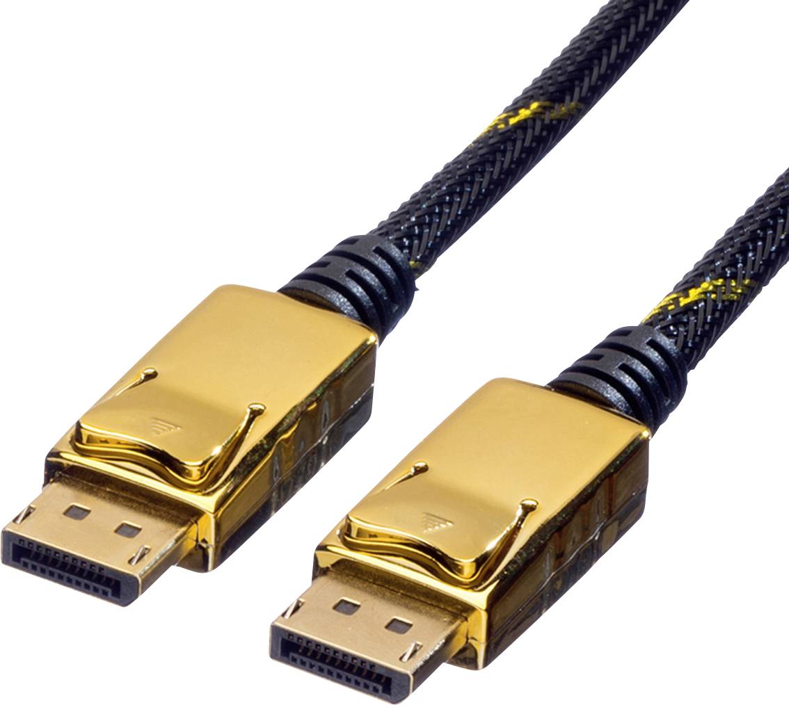 Zwei goldene DisplayPort-Stecker mit schwarzem Kabelmantel, geeignet für die Übertragung von Audio- und Videosignalen.