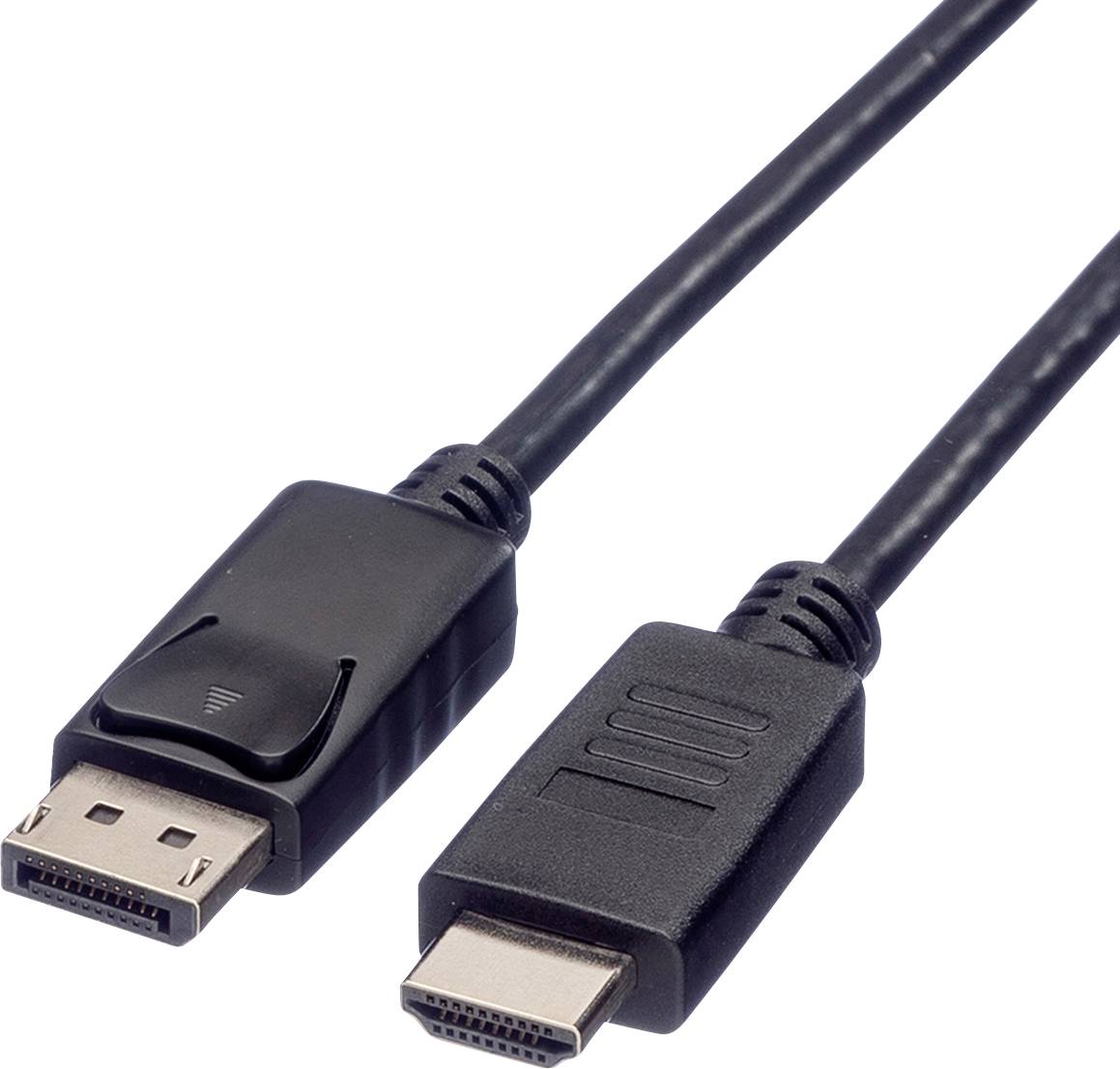 Ein DisplayPort- und ein HDMI-Kabel nebeneinander. Die Anschlüsse zeigen nach vorne und sind an einem Kabel befestigt.