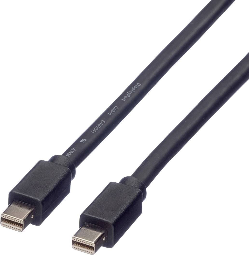 Zweipoliges schwarzes Mini DisplayPort-Kabel mit Steckern an beiden Enden, geeignet für die Übertragung digitaler Video- und Audiosignale.