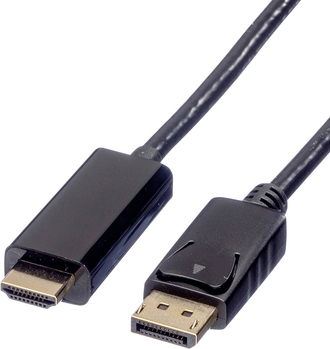 Ein schwarzes Kabel mit HDMI- und DisplayPort-Anschluss, verwendet zur Verbindung von Computern mit Monitoren oder Bildschirmen.