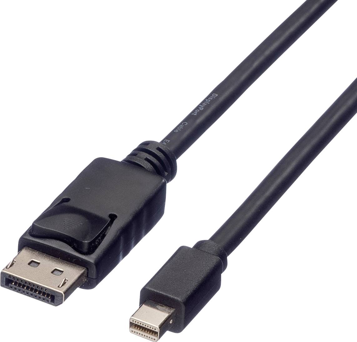Ein DisplayPort-Kabel neben einem Mini-DisplayPort-Kabel, die beide schwarz sind und unterschiedliche Anschlüsse besitzen.