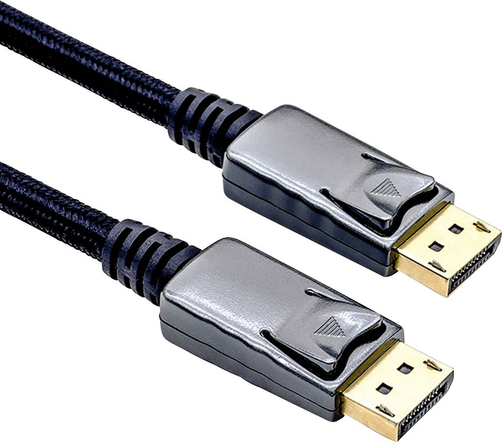 Ein schwarzes DisplayPort-Kabel mit zwei silbernen Steckern und schwarzer Ummantelung. Geeignet für Anschluss von Monitoren an PCs.