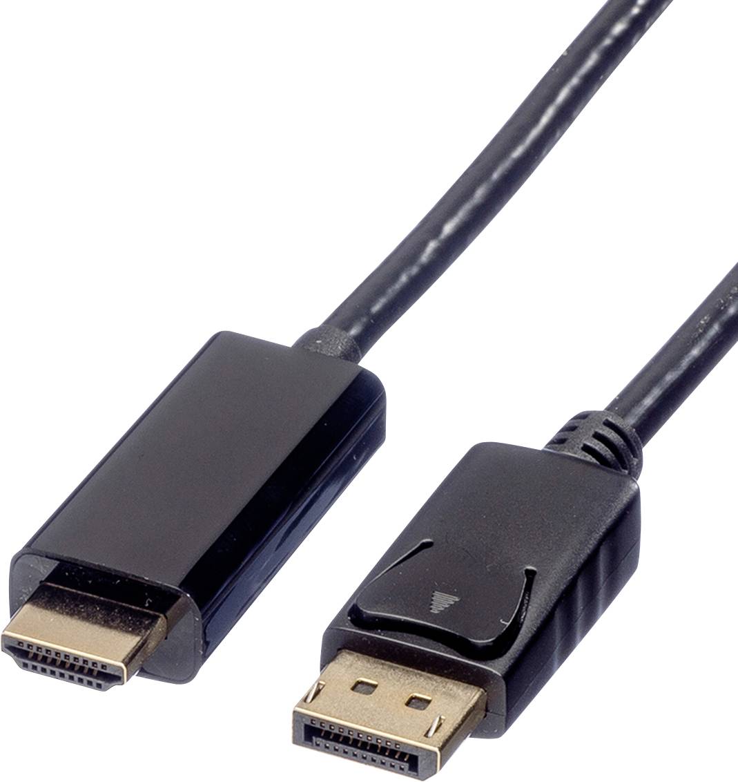 Schwarzes HDMI- zu DisplayPort-Kabel. Links: HDMI-Stecker. Rechts: DisplayPort-Stecker. geeignet für Videogeräteverbindungen.