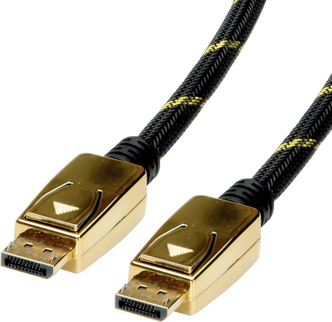 Zwei DisplayPort-Kabel mit vergoldeten Steckern und schwarzem, geflochtenem Kabelmantel. Geeignet für High-Definition-Videoübertragung.