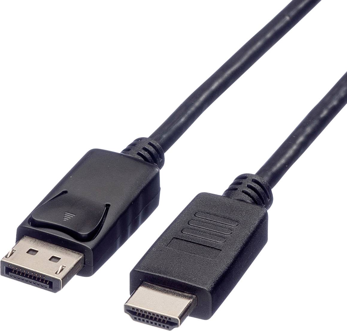 Ein schwarzes Kabel mit zwei verschiedenen Steckern: einem DisplayPort-Stecker auf der linken Seite und einem HDMI-Stecker auf der rechten Seite.