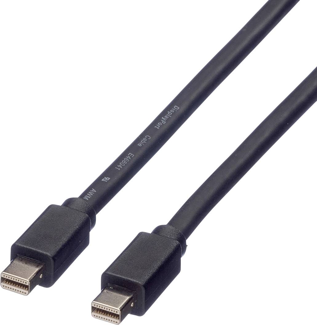 Schwarzes Mini DisplayPort-Kabel mit zwei Anschlüssen zur Verbindung von Computern mit Monitoren oder Projektoren für Audio und Video.