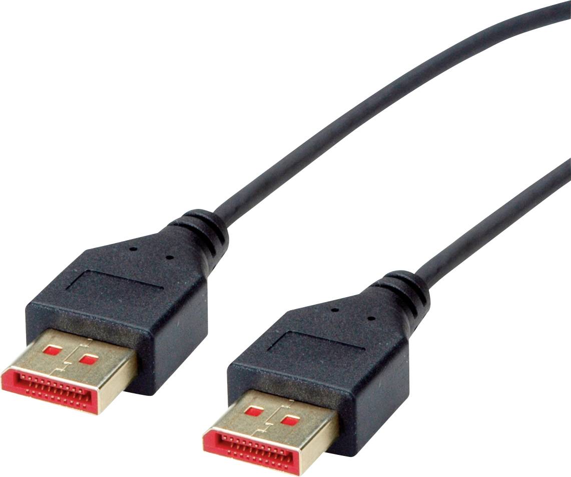 Zwei schwarze DisplayPort-Kabel mit goldenen Anschlüssen, die zur Übertragung von Audio und Video genutzt werden.