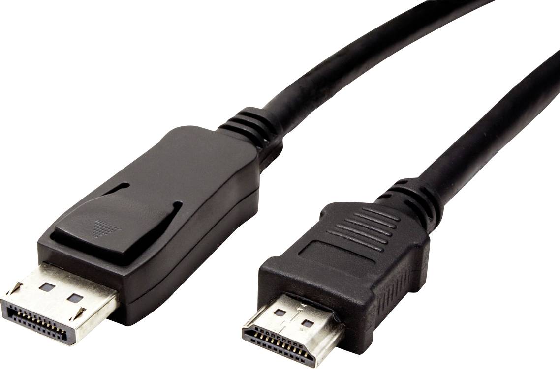 Ein schwarzes Kabel mit einem DisplayPort-Stecker auf der linken Seite und einem HDMI-Stecker auf der rechten Seite.